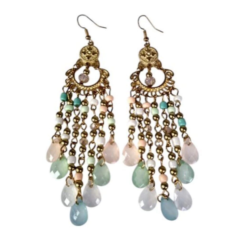Gold Beaded Dangle Hook Earrings, 4.5" Dangle